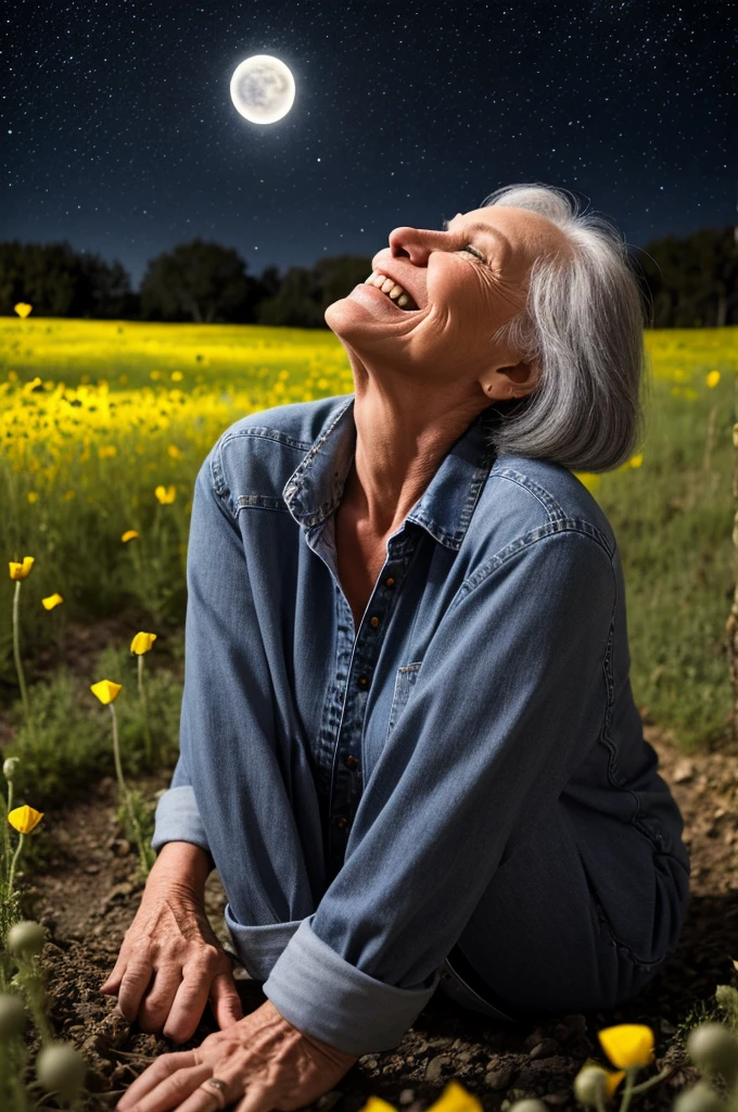 a 60 year old smiling woman with gray hair, wearing jeans, boots, a loose blouse, sitting on the ground, looking up at the starry sky on a full moon night, on a poppy field path, in a lit environment
