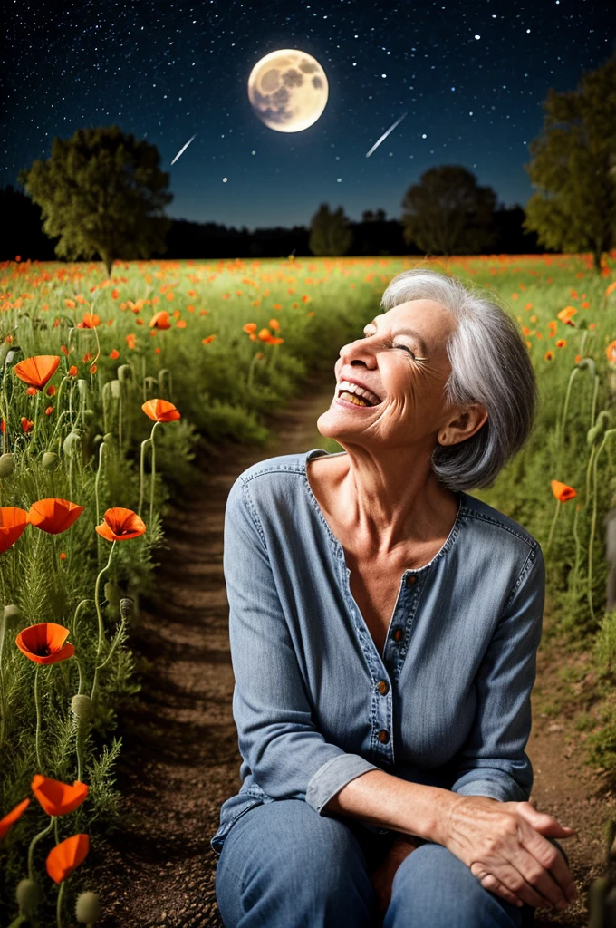 a 60 year old smiling woman with gray hair, wearing jeans, boots, a loose blouse, sitting on the ground, looking up at the starry sky on a full moon night, on a poppy field path, in a lit environment