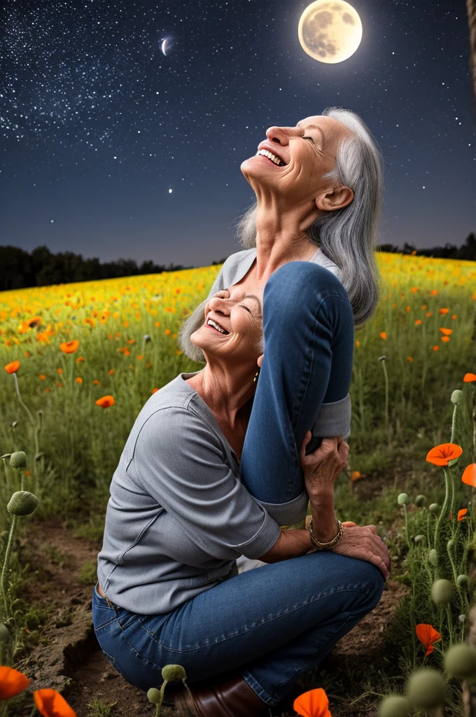 a 60 year old smiling woman with gray hair, wearing jeans, boots, a loose blouse, sitting on the ground, looking up at the starry sky on a full moon night, on a poppy field path, in a lit environment