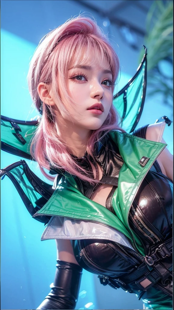 (masterpiece, 8k, RAW photo, photorealistic:1.25) ,( lipgloss, eyelashes, gloss-face, glossy skin, best quality, ultra highres, depth of field, chromatic aberration, caustics, Broad lighting, natural shading, smooth face, smooth skin, without wrinkles)  shiny pink hair, bluish white eyes, cool clothes like a model, breast window on the shirt, dark lips, 20 years old, Valentina from mobile legend bang bang