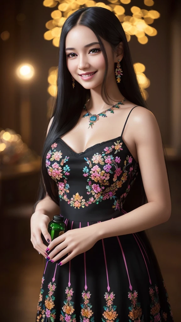 a beautiful young woman, long black hair, smiling joyfully, colorful dress, nail polish bottle, intricate floral patterns, warm lighting, (best quality,4k,8k,highres,masterpiece:1.2),ultra-detailed,(realistic,photorealistic,photo-realistic:1.37),vibrant colors,cinematic composition,natural lighting,glowing skin,oil painting style
