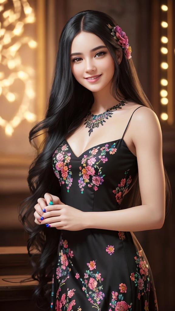a beautiful young woman, long black hair, smiling joyfully, colorful dress, nail polish bottle, intricate floral patterns, warm lighting, (best quality,4k,8k,highres,masterpiece:1.2),ultra-detailed,(realistic,photorealistic,photo-realistic:1.37),vibrant colors,cinematic composition,natural lighting,glowing skin,oil painting style