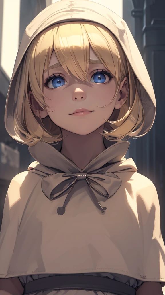 masterpiece), best quality, high resolution blonde 1child bob cut medium hair standing alone cowl headband profile image looking at viewer beautiful eyes beautiful face extremely detailed evil smule