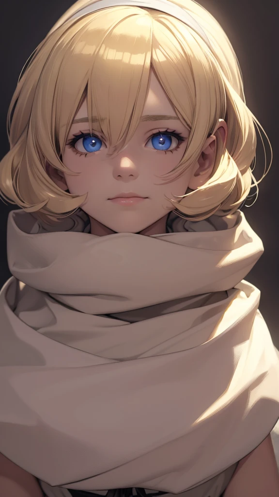 masterpiece), best quality, high resolution blonde 1child bob cut medium hair standing alone cowl headband profile image looking at viewer beautiful eyes beautiful face extremely detailed evil smule