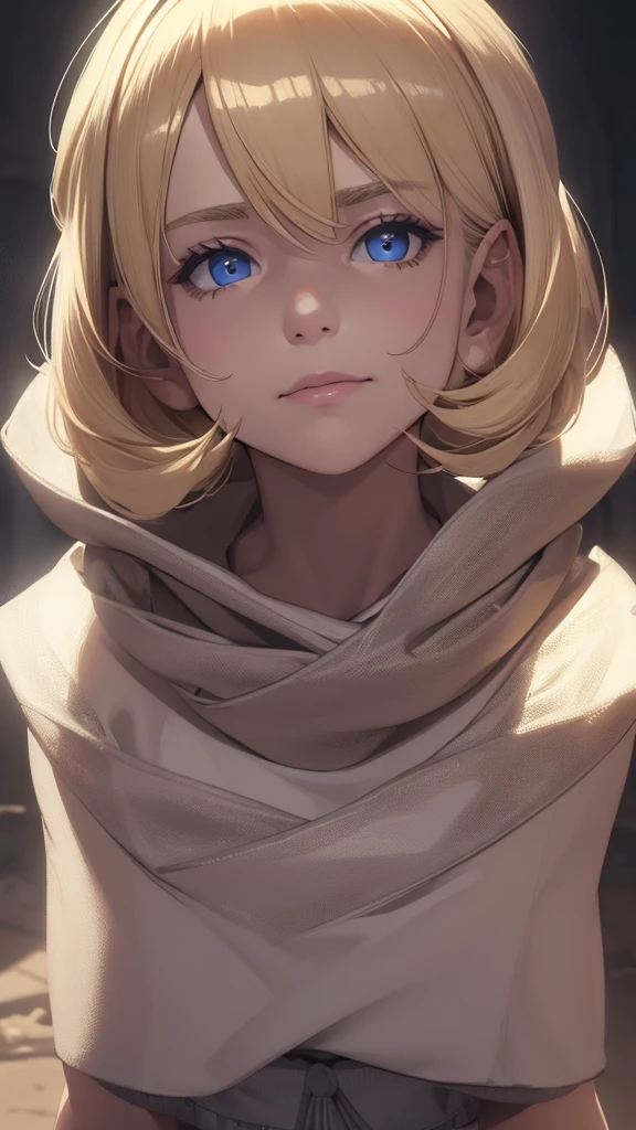 masterpiece), best quality, high resolution blonde 1child bob cut medium hair standing alone cowl headband profile image looking at viewer beautiful eyes beautiful face extremely detailed evil smule