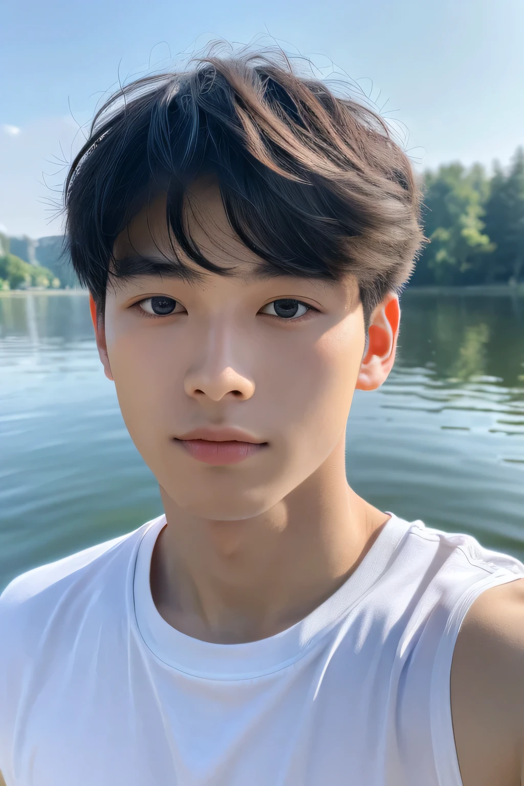Highest quality, masterpiece, Ultra-high resolution, (Realistic: 1.4), Original photo, wallpaper, Head Photo, skin, Simple Background, Iris, detailed, Selfie, 1 boy, 18-year-old, good looking, Wind、lake