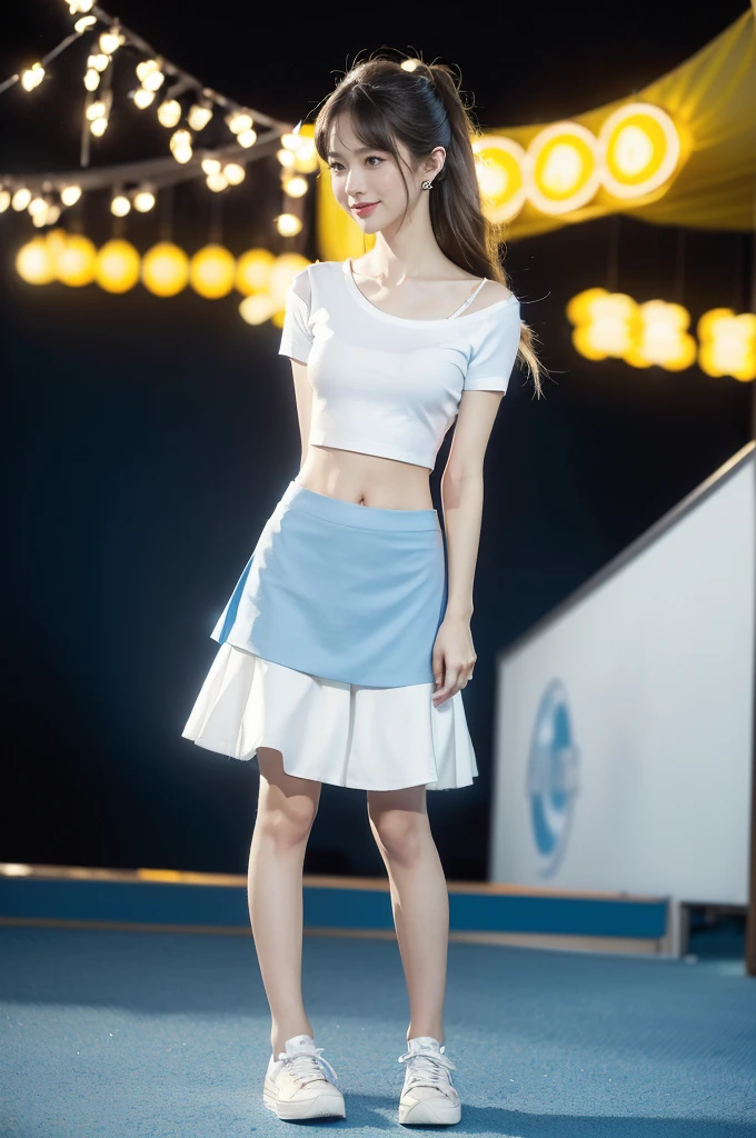 (((best quality))),(((ultra detailed))),(((masterpiece))),illustration,((a beautiful girl,solo)),(shoulder length straight hair:1.2),((slim,thin)),((small breasts,flat chest,claviclis,navel)),(blue short-sleeved white shirt:1.5),(blue mini-skirt:1.3),(slender legs:1.2),(sneakers:1.3),(standing:1.3),(on the stage:1.3),((outside a shopping mall, at the entrance of a beer promotional event)),((surrounded by crowded crowds)),((hair and skirt fluttering in the air)),expressive eyes,infectious smile,the stage adorned with colorful decorations,vibrant atmosphere,(night scene:1.3),(from front:1.3),(arms behind back:1.3),(full body:1.3),