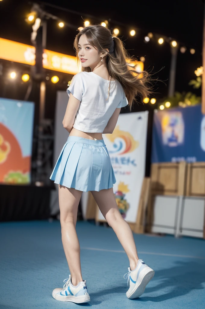 (((best quality))),(((ultra detailed))),(((masterpiece))),illustration,((a beautiful girl,solo)),(shoulder length straight hair:1.2),((slim,thin)),((small breasts,flat chest,claviclis,navel)),(blue short-sleeved white shirt:1.5),(blue mini-skirt:1.3),(slender legs:1.2),(sneakers:1.3),(standing:1.3),(on the stage:1.3),((outside a shopping mall, at the entrance of a beer promotional event)),((surrounded by crowded crowds)),((hair and skirt fluttering in the air)),expressive eyes,infectious smile,the stage adorned with colorful decorations,vibrant atmosphere,(night scene:1.3),(from front:1.3),(arms behind back:1.3),(full body:1.3),