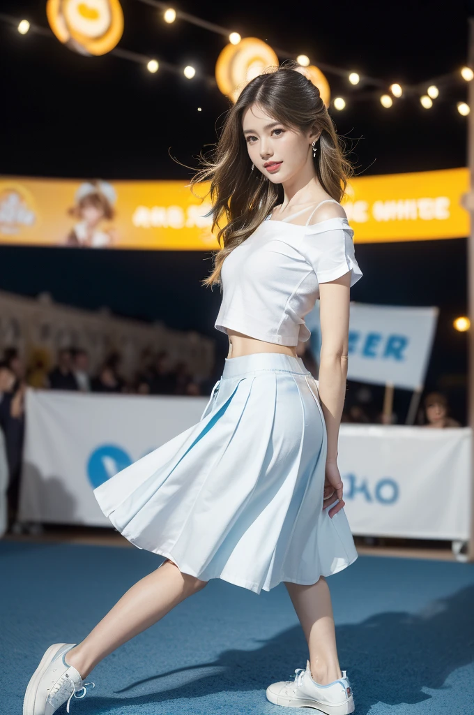 (((best quality))),(((ultra detailed))),(((masterpiece))),illustration,((a beautiful girl,solo)),(shoulder length straight hair:1.2),((slim,thin)),((small breasts,flat chest,claviclis,navel)),(blue short-sleeved white shirt:1.5),(blue mini-skirt:1.3),(slender legs:1.2),(sneakers:1.3),(standing:1.3),(on the stage:1.3),((outside a shopping mall, at the entrance of a beer promotional event)),((surrounded by crowded crowds)),((hair and skirt fluttering in the air)),expressive eyes,infectious smile,the stage adorned with colorful decorations,vibrant atmosphere,(night scene:1.3),(from front:1.3),(arms behind back:1.3),(full body:1.3),