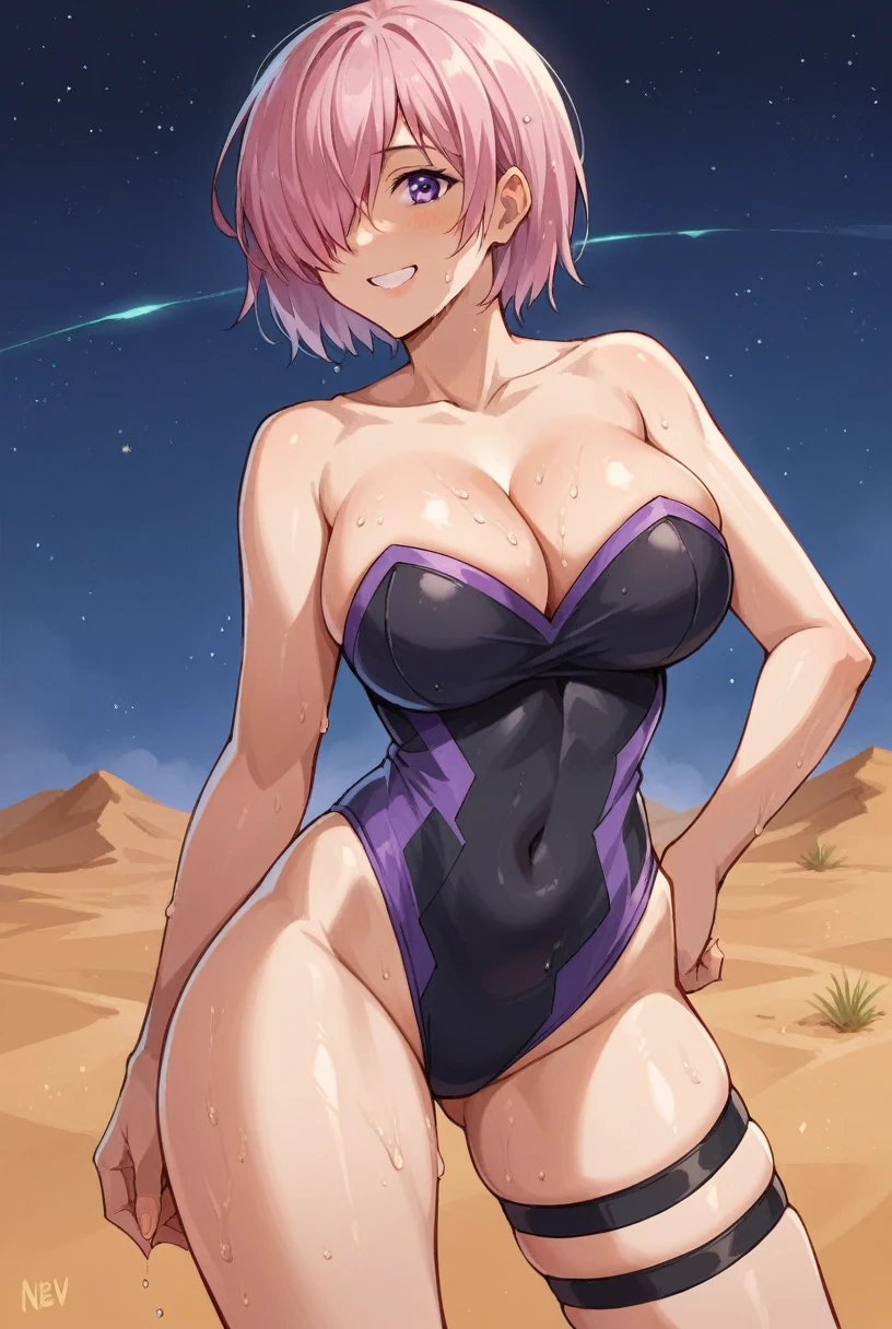 (((nsfw)))score_9, score_8_superior, score_7_superior, sauce_Anime BREAK 1 Girl, alone, View your viewers, Detailed Background,  Mash Kyrielight, Pink Hair, Hair on one eye, Super big breasts, leotard, belly button, Thigh straps, Elbow hand pockets,  Cleavage, smile, (Outdoor, night, Dust, desert),  From behind, Dynamic pose,Wet with sweat all over the body