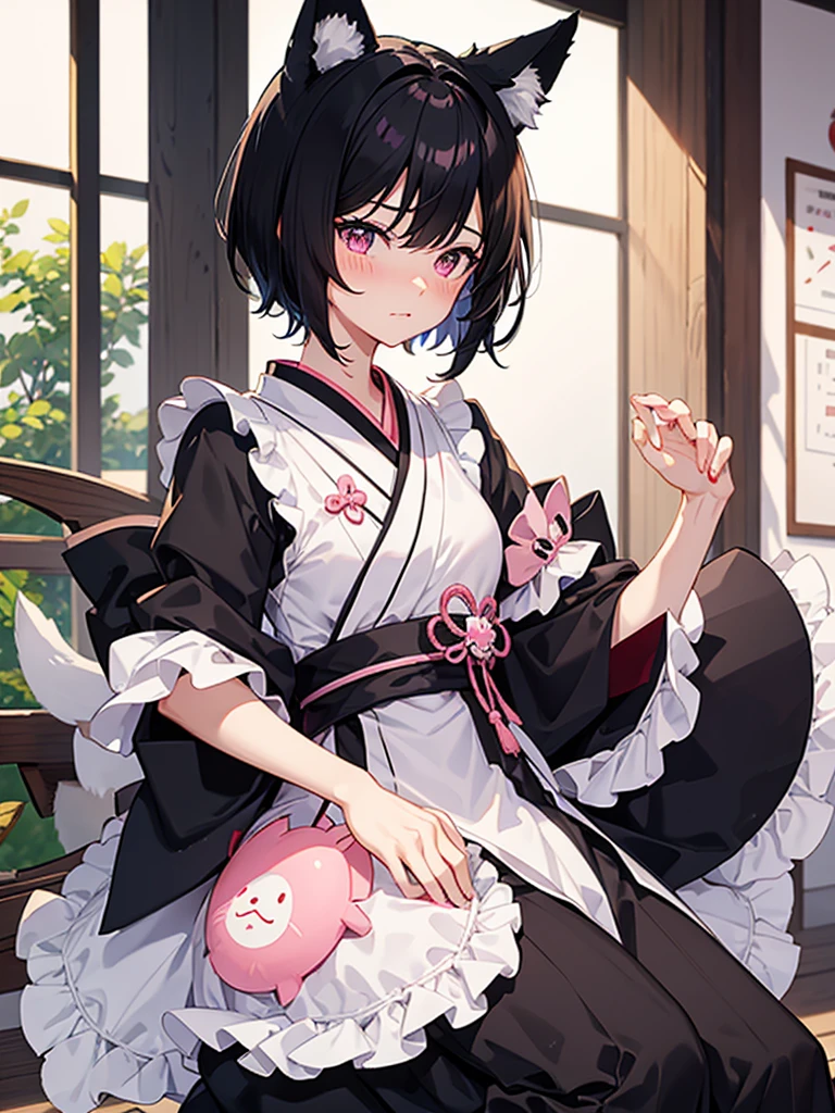 fox ears, black hair, short hair, pink eyes,Japanese maid,Japanese style cafe,Welcome back, master,embarrassed face,