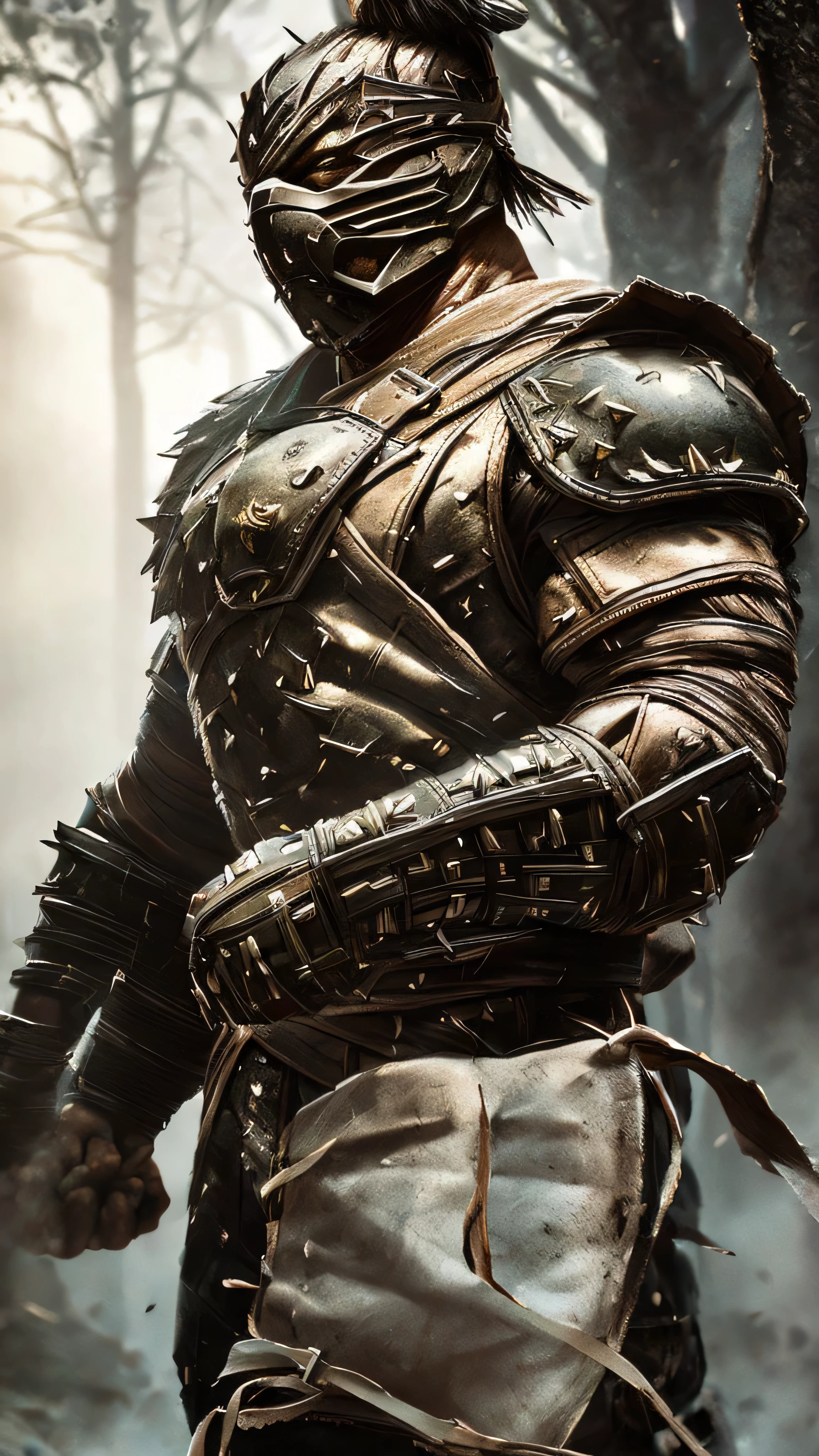 Torr from Mortal Kombat, muscled, ((torn bag mask on head)), ((torn bag mask on face)), eyes, armor, spikes, guantlets, armored boots, barefoot, metal headband, standing, forest, (insanely detailed, beautiful detailed face, masterpiece, best quality), cinematic lighting, 1man, solo, full body view, front view, looking at viewer, intricate, high detail, sharp focus, dramatic, photorealistic painting art by greg rutkowski