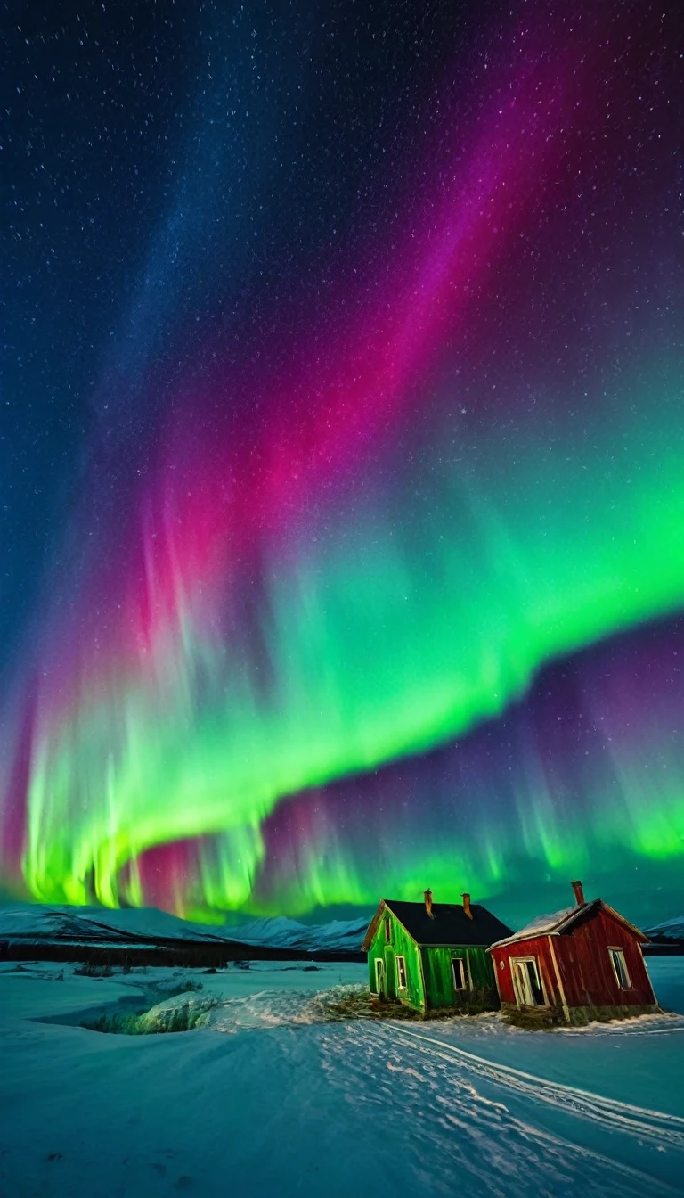 A small abandoned town under a sky full of intense green auroras, blue and red. The city's infrastructure is crumbling, with downed power lines and abandoned cars. The atmosphere is creepy and silent, except for the occasional crackle of electricity.