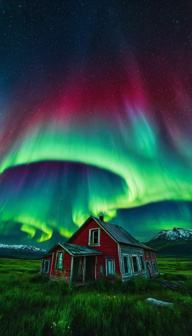 A small abandoned town under a sky full of intense green auroras, blue and red. The city&#39;s infrastructure is crumbling, with downed power lines and abandoned cars. The atmosphere is creepy and silent, except for the occasional crackle of electricity.