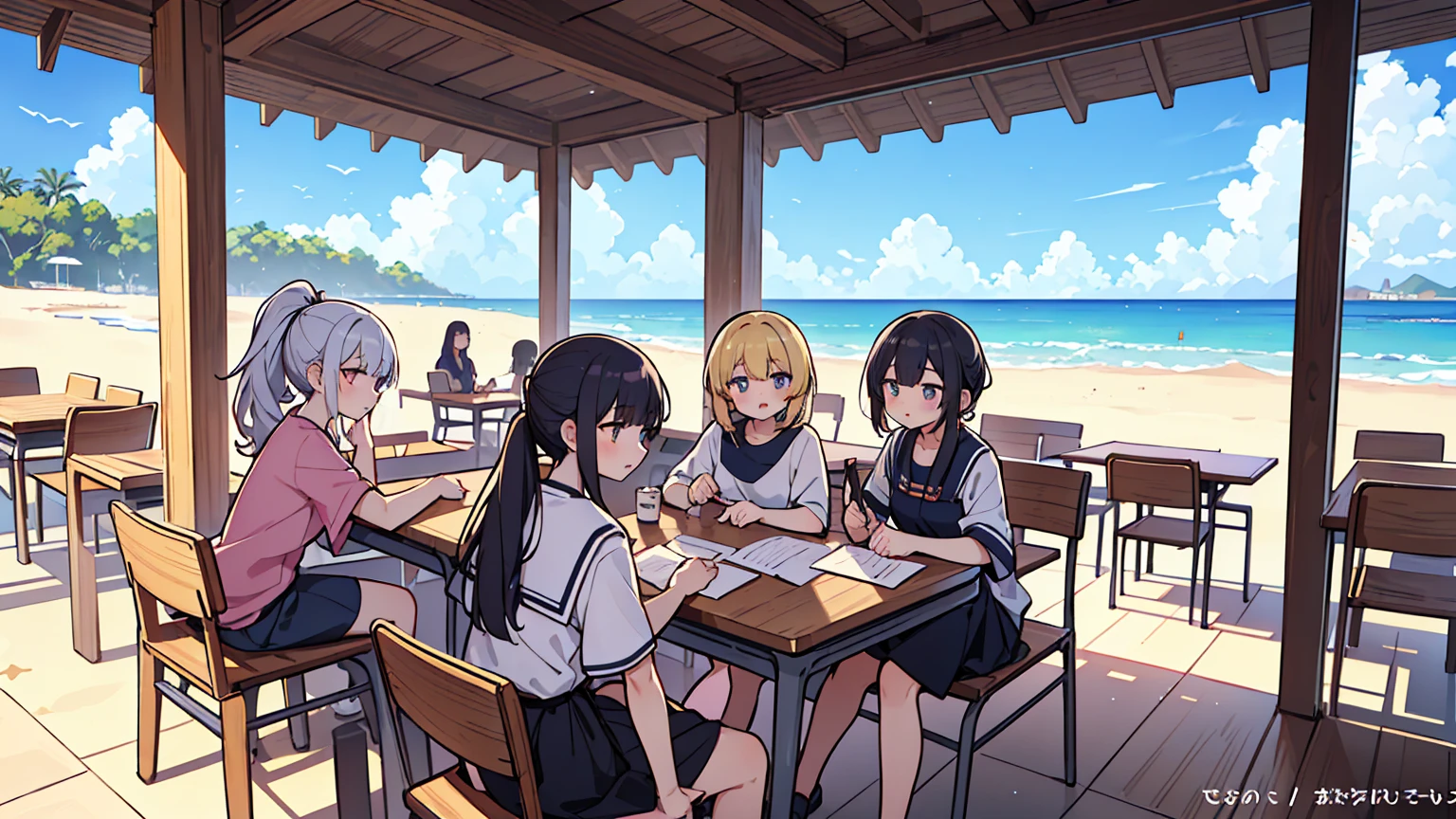 (masterpiece, best quality),Women with different faces and hairstyles, different hair colors, different faces, ponytail, letterboxed, perfection of fashion,chapped lips, Summer Clothes, upper body, from the side,Terrace cafe with white sand and beach view,Teaching students to study at the table, eyes look at the note, together, stylish outfit,