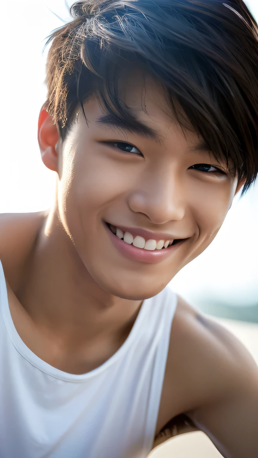Highest quality, masterpiece, Ultra-high resolution, (Realistic: 1.4), Original photo, wallpaper, Head Photo, skin, Simple Background, Iris, detailed, Selfie, 1 boy, 18-year-old, good looking, Wind,Tank top,smile