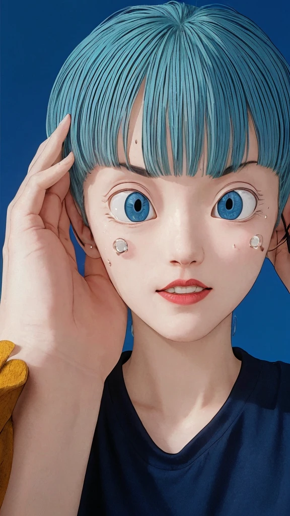 ((((masterpiece, best quality, high resolution)))), Extremely detailed 8K, 1 female, (Bulma from Dragon Ball) wearing a scientist clothes, (Ultra HD, Ultra-detailed, Highly detailed, Highly realistic, Ultra-realistic, photograph realistic), (1girl:1.5), (Realistic pony tail, blue hair), (dynamic poses), facing at camera, looking at viewer, (a serious focus face), (regular blue eyes, sharp eyes), (perky breasts:1.2), (beautiful detailed face, beautiful detailed eyes), ((slightly sweating)), (working on a mechanical invention), sweat, glow, (sunbeam, sunlight), ((cowboy shot)), laboratory background, seductive, EnvyBetterHands LoCon,