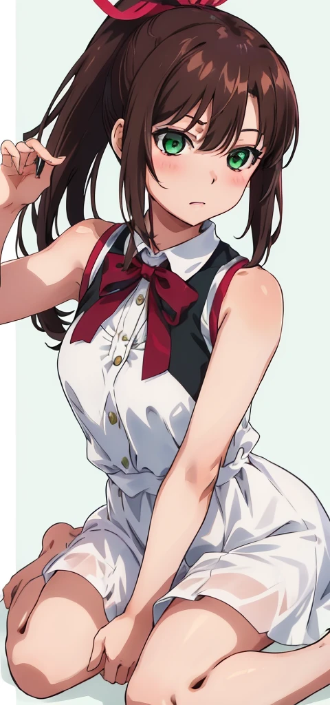 masterpiece, best quality,1girl,solo,kirasaka sayaka,brown hair,long hair,ponytail, hair ribbon, green eyes,, wariza, (sleeveless,  dress). 