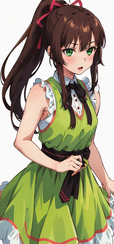 masterpiece, best quality,1girl,solo,kirasaka sayaka,brown hair,long hair,ponytail, hair ribbon, green eyes,, wariza, (sleeveless,  dress). 