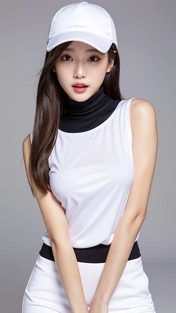vivid,long brim white hat,Larger breasts,((between legs)),cute,(Detailed face),cloth,Sharp Eyes,Turtleneck sleeveless sporty lightweight(White plastic)Clothes,Ultra-high resolution,（Photorealistic：1.7）,Black long hair,Gray background,