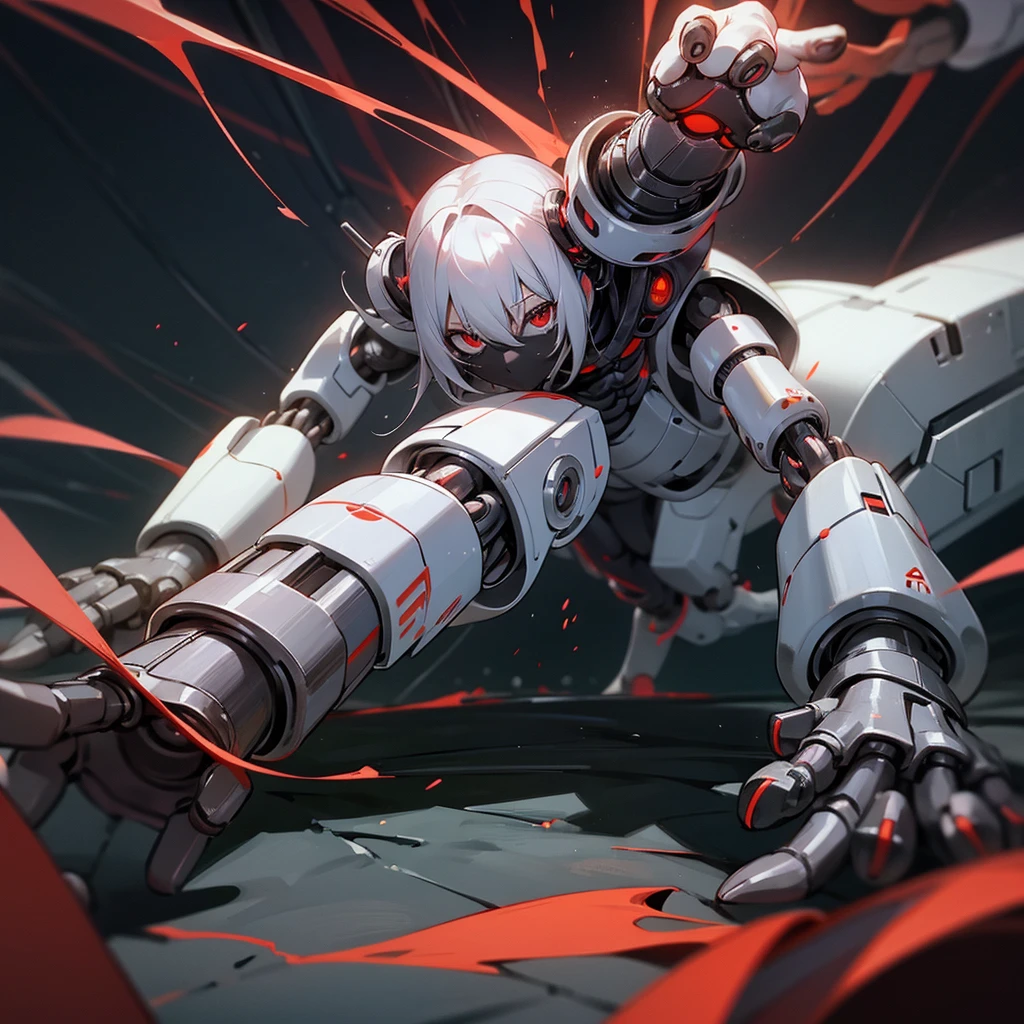 Nanobots crawling at camera, anime man in the middle, black mechanical arms, red eyes, lab coat