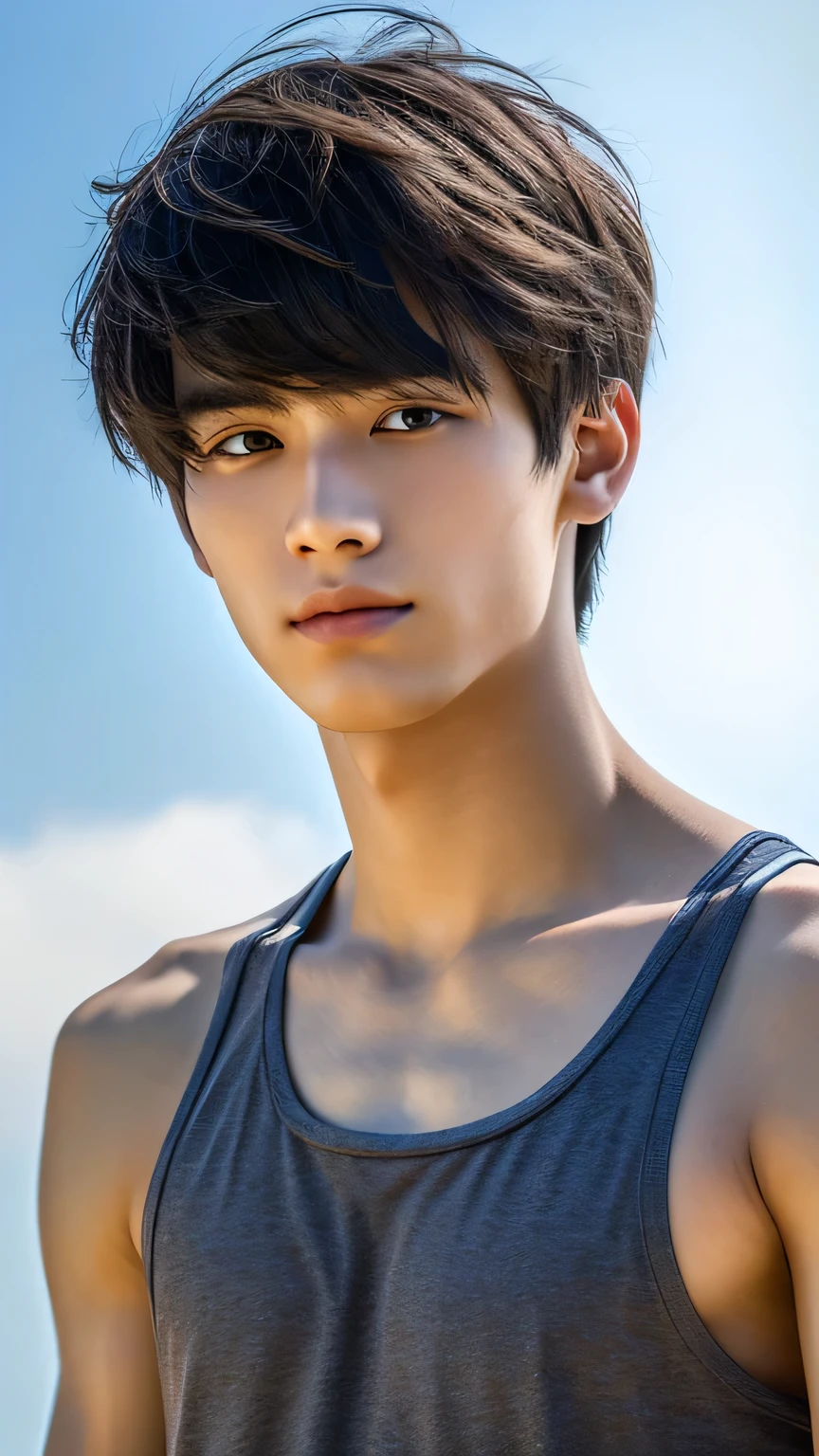Highest quality, masterpiece, Ultra-high resolution, (Realistic: 1.4), Original photo, wallpaper, Head Photo, skin, Simple Background, Iris, detailed, Selfie, 1 boy, 18-year-old, good looking, Wind,Tank top