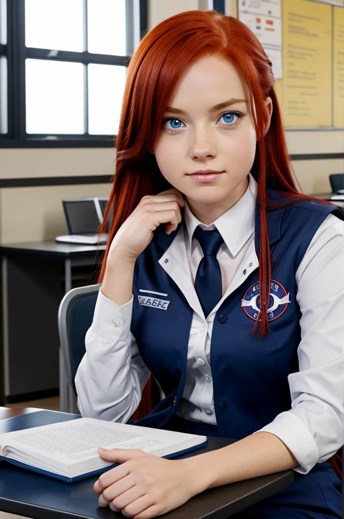 Girl with red hair blue eyes ua uniform SITTING at a desk with the background of the class already sitting with katsuki bakugo 
