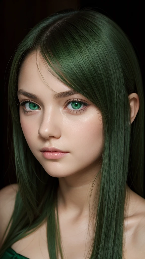 a girl.  face sent feeling.  Europe.  Oval face.  long face.  delicate facial features.  dull eyes.  seductively seductive.  green eyes.  long straight hair.  green hair.  sad expression