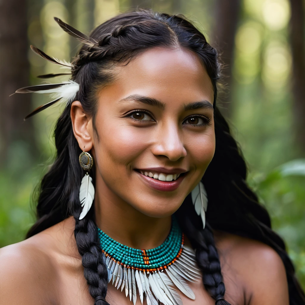 Realistic image of a smiling woman, alone, with long hair, looking at the viewer, black hair, brown eyes, jewelry, braid, earrings, dark skin, necklace, mole, dark-skinned woman, lips, feathers, native american shamen fantasy, cocar centralizado,rosto pintado,Strobe,Auroracore, Bobina de Tesla. sitting on the green grass in the forest trees with her dogs