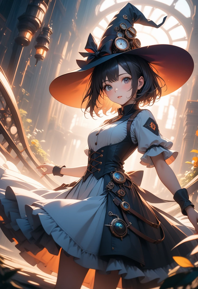 1girl, short hair girl, witch hat, gorgeous light and shadow, dress, Magical, Steampunk, ultra detailed background, illustration, vibrant colors, intricate details, 8k wallpaper, (Depth of field, cinematic angle, cinematic lighting:1.2), (masterpiece:1.2), (best quality:1.2), (very aesthetic:1.2), (absurdres:1.2), newest, intricate, ai-generated, Dynamic poses, sexy poses, (dutch angle), (Close-up),