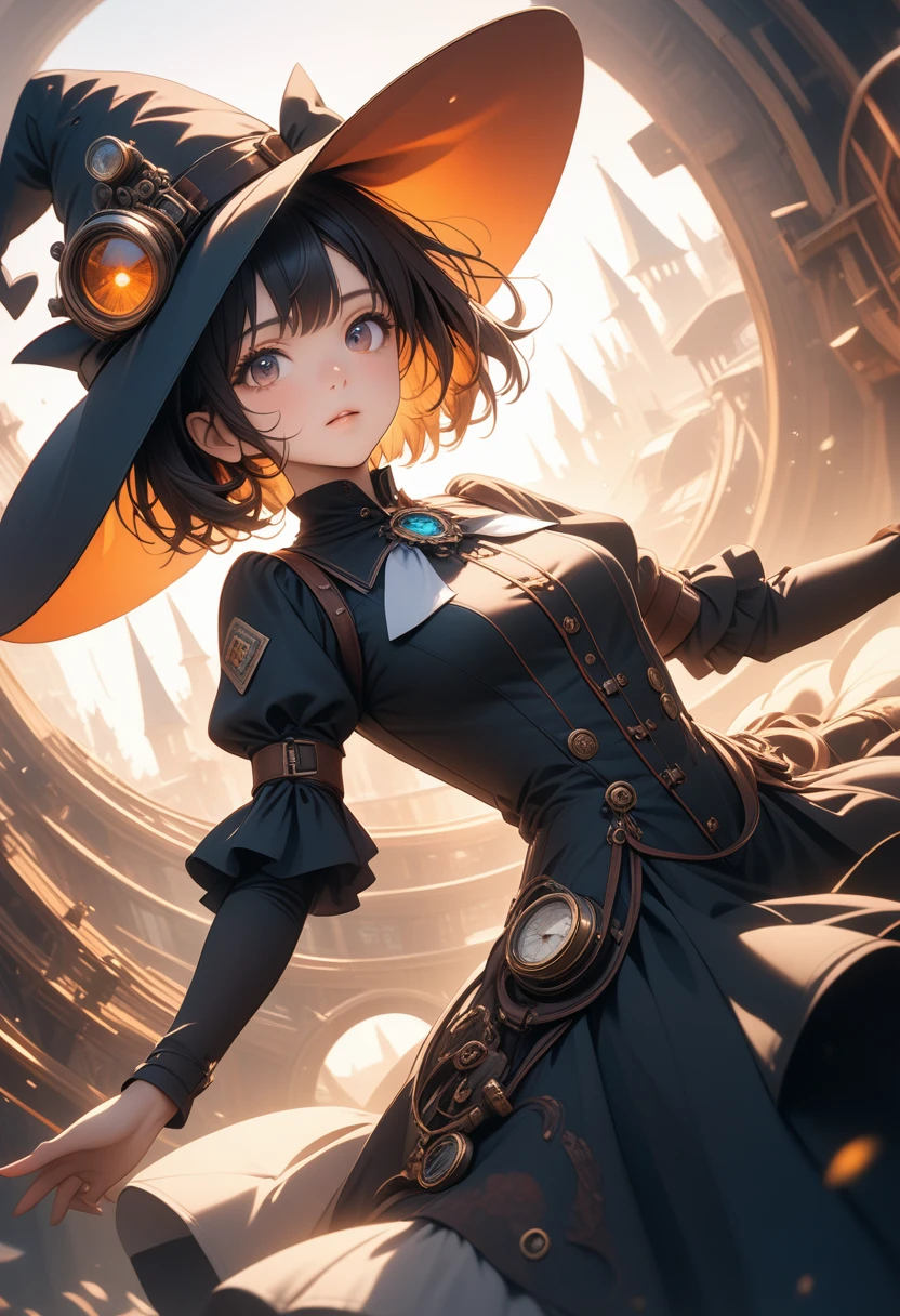 1girl, short hair girl, witch hat, gorgeous light and shadow, dress, Magical, Steampunk, ultra detailed background, illustration, vibrant colors, intricate details, 8k wallpaper, (Depth of field, cinematic angle, cinematic lighting:1.2), (masterpiece:1.2), (best quality:1.2), (very aesthetic:1.2), (absurdres:1.2), newest, intricate, ai-generated, Dynamic poses, sexy poses, (dutch angle), (Close-up),