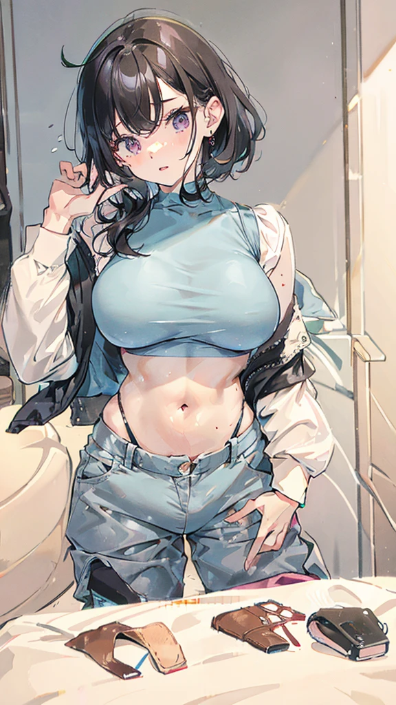 Girl, thong, undersized crop top, huge dick bulge