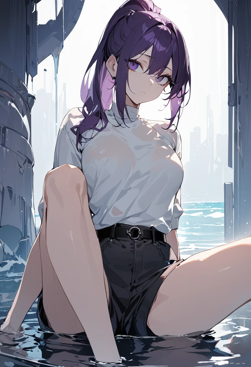 One girl, best quality, masterpiece, expressionless, beautiful girl, big eyes, dark purple hair, long ponytail, red jewelry on shorts, black belt, sitting, background is water