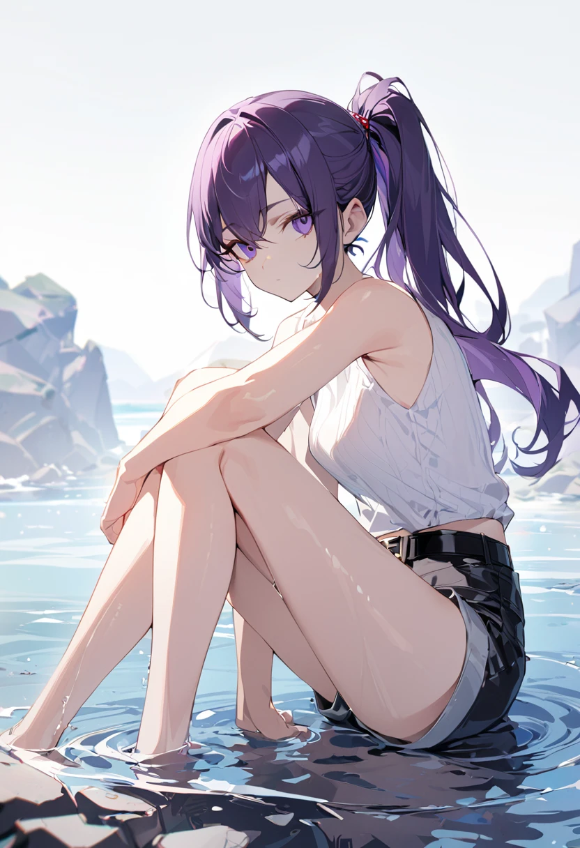 One girl, best quality, masterpiece, expressionless, beautiful girl, big eyes, dark purple hair, long ponytail, red jewelry on shorts, black belt, sitting, background is water