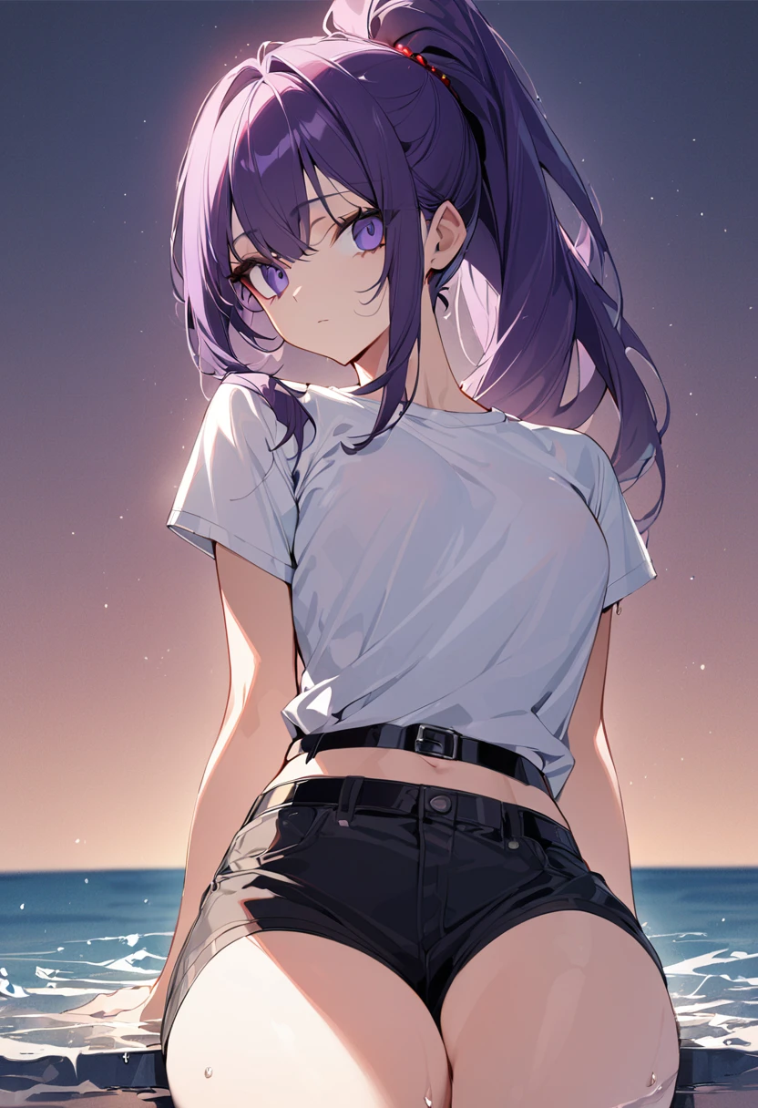 One girl, best quality, masterpiece, expressionless, beautiful girl, big eyes, dark purple hair, long ponytail, red jewelry on shorts, black belt, sitting, background is water