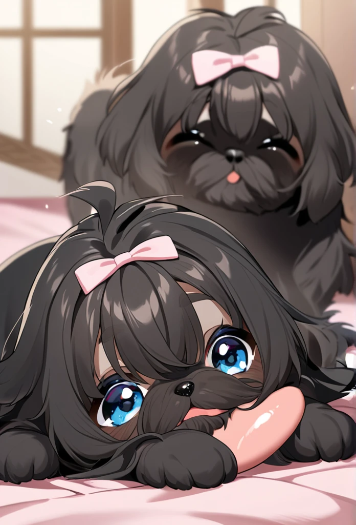 2 adorable small black shih tzu puppies with blue eyes pouncing