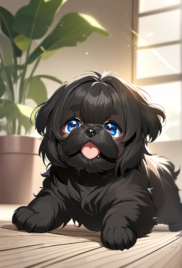 2 adorable small black shih tzu puppies with blue eyes pouncing