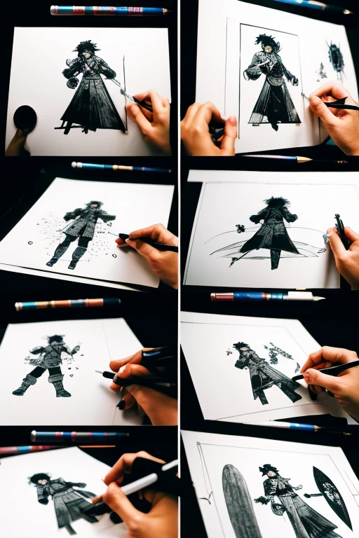 Drawing manga in a manga studio, panel layout, picture of fight scenes,