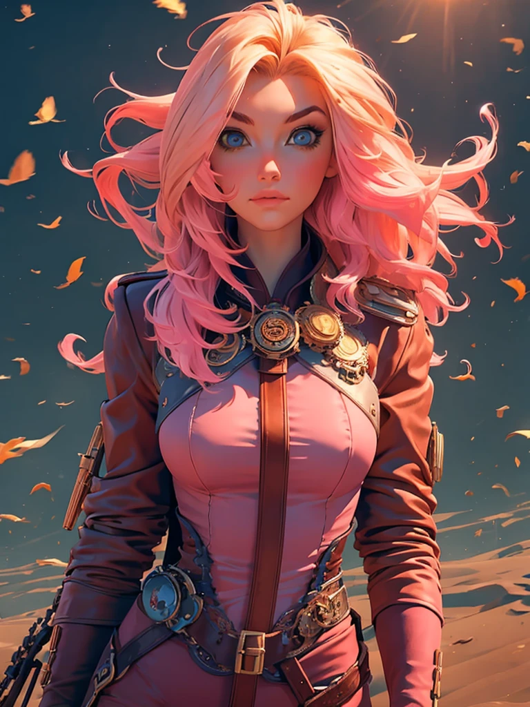 best quality, masterpiece, upper body, woman, blonde hair blown in the wind, shining eyes, steampunk nude style, thin clothes, pink clothes, pink hair