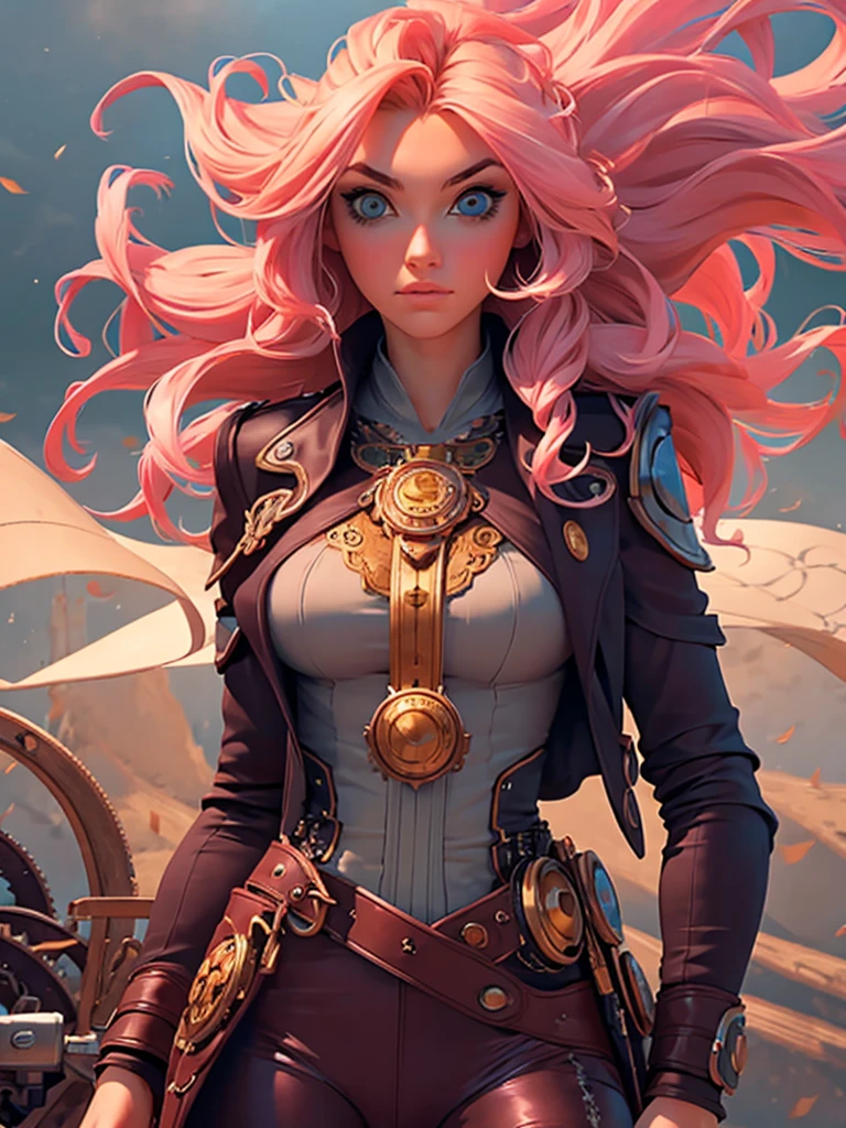 best quality, masterpiece, upper body, woman, blonde hair blown in the wind, shining eyes, steampunk nude style, thin clothes, pink clothes, pink hair