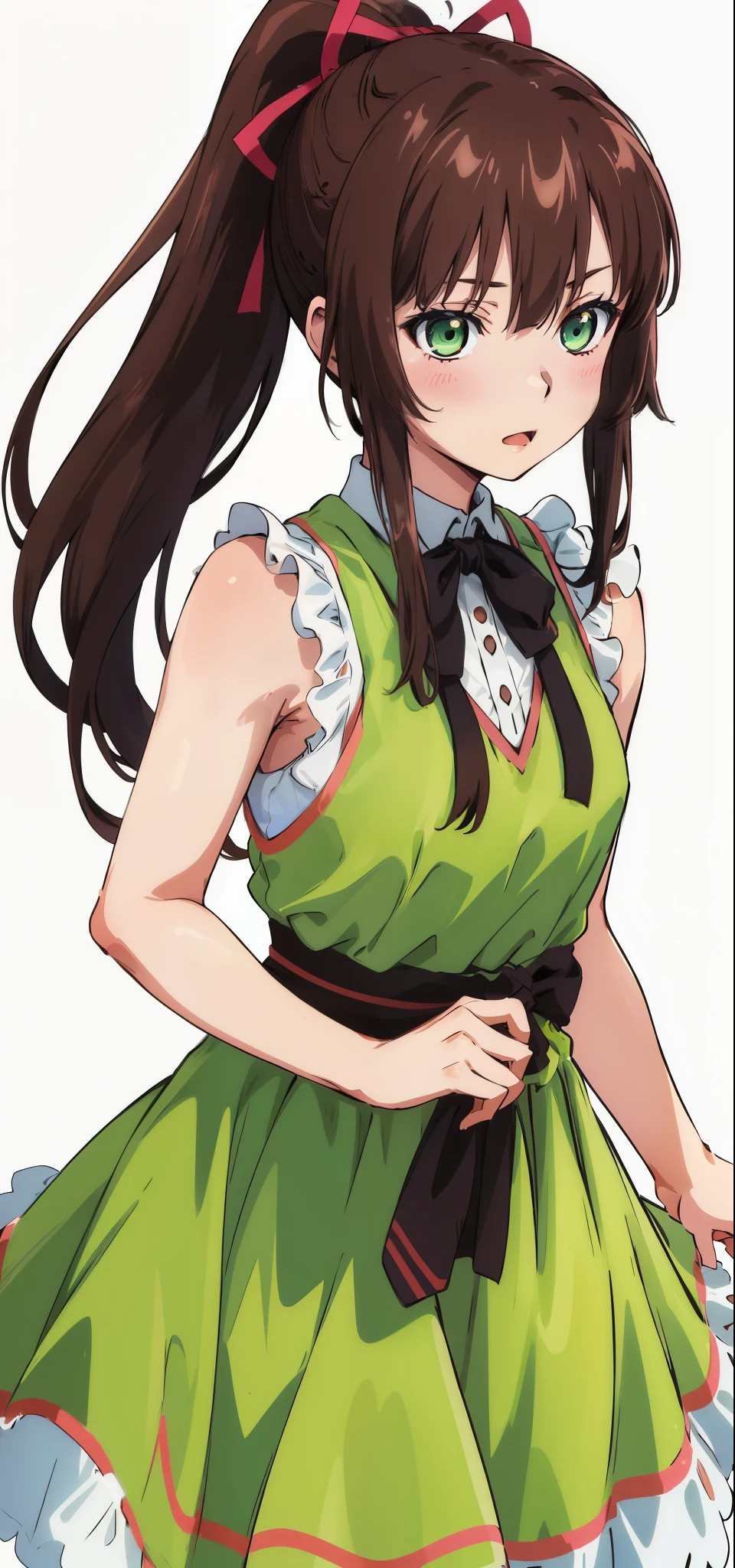 masterpiece, best quality,1girl,solo,kirasaka sayaka,brown hair,long hair,ponytail, hair ribbon, green eyes,, wariza, (sleeveless,  dress). 