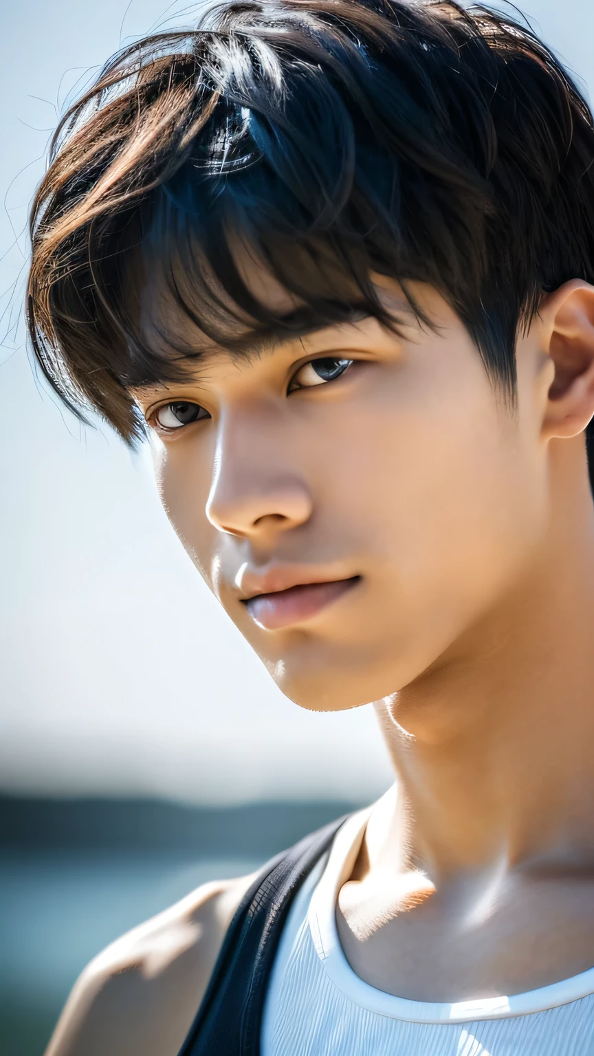 Highest quality, masterpiece, Ultra-high resolution, (Realistic: 1.4), Original photo, wallpaper, Head Photo, skin, Simple Background, Iris, detailed, Selfie, 1 boy, 18-year-old, good looking, Wind,Tank top