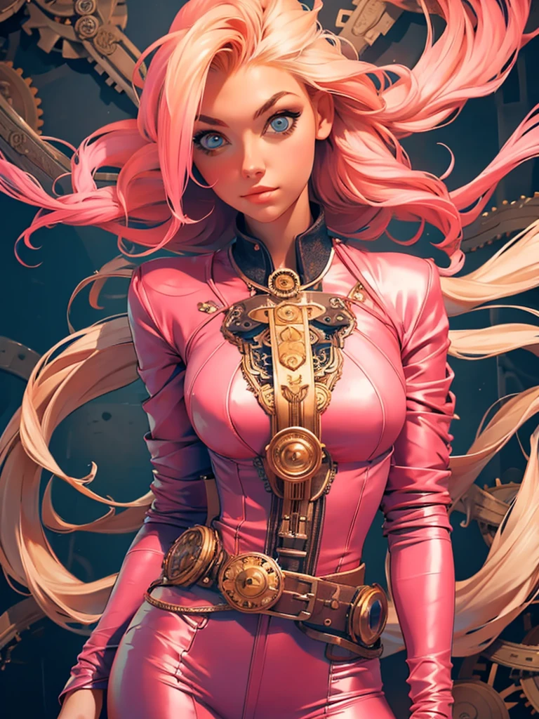 best quality, masterpiece, upper body, woman, blonde hair blown in the wind, shining eyes, steampunk nude style, thin clothes, pink clothes, pink hair
