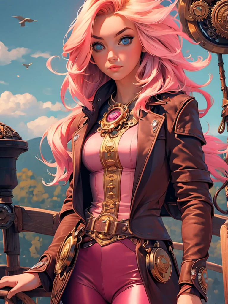 best quality, masterpiece, upper body, woman, blonde hair blown in the wind, shining eyes, steampunk nude style, thin clothes, pink clothes, pink hair