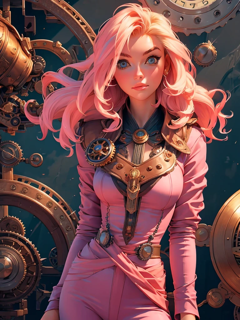 best quality, masterpiece, upper body, woman, blonde hair blown in the wind, shining eyes, steampunk nude style, thin clothes, pink clothes, pink hair