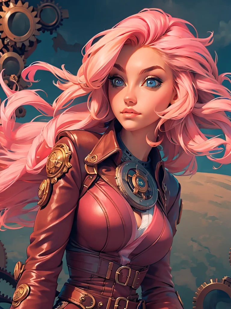 best quality, masterpiece, upper body, woman, blonde hair blown in the wind, shining eyes, steampunk nude style, thin clothes, pink clothes, pink hair