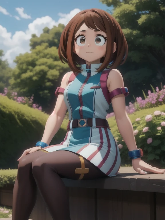 Ochaco Uraraka, sitting in a garden, nice environment, super detailed, high quality