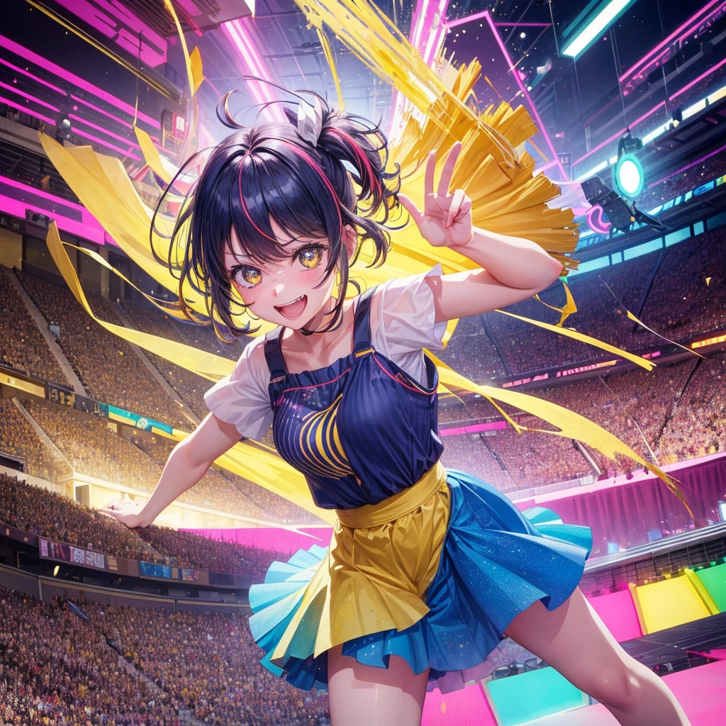 Create an anime-style image of a clumsy and naturally awkward girl with bright yellow hair. She should be wearing a cute, casual yellow outfit, such as a dress or a top with a skirt. Depict her in a moment where she is tripping or stumbling, showing a panicked and embarrassed expression, but also shyly smiling with her teeth showing in an awkward, bashful grin. Her hair is styled in a playful, slightly messy fashion. The background should be lively and fun, with bright colors and dynamic elements that emphasize her clumsiness. Add small, amusing details around her, like scattered items she has knocked over, to enhance the playful and whimsical atmosphere. Ensure that she is the only character in the image, making her the clear focus of the scene. Make sure the overall image is vibrant and engaging, suitable for use as a thumbnail.