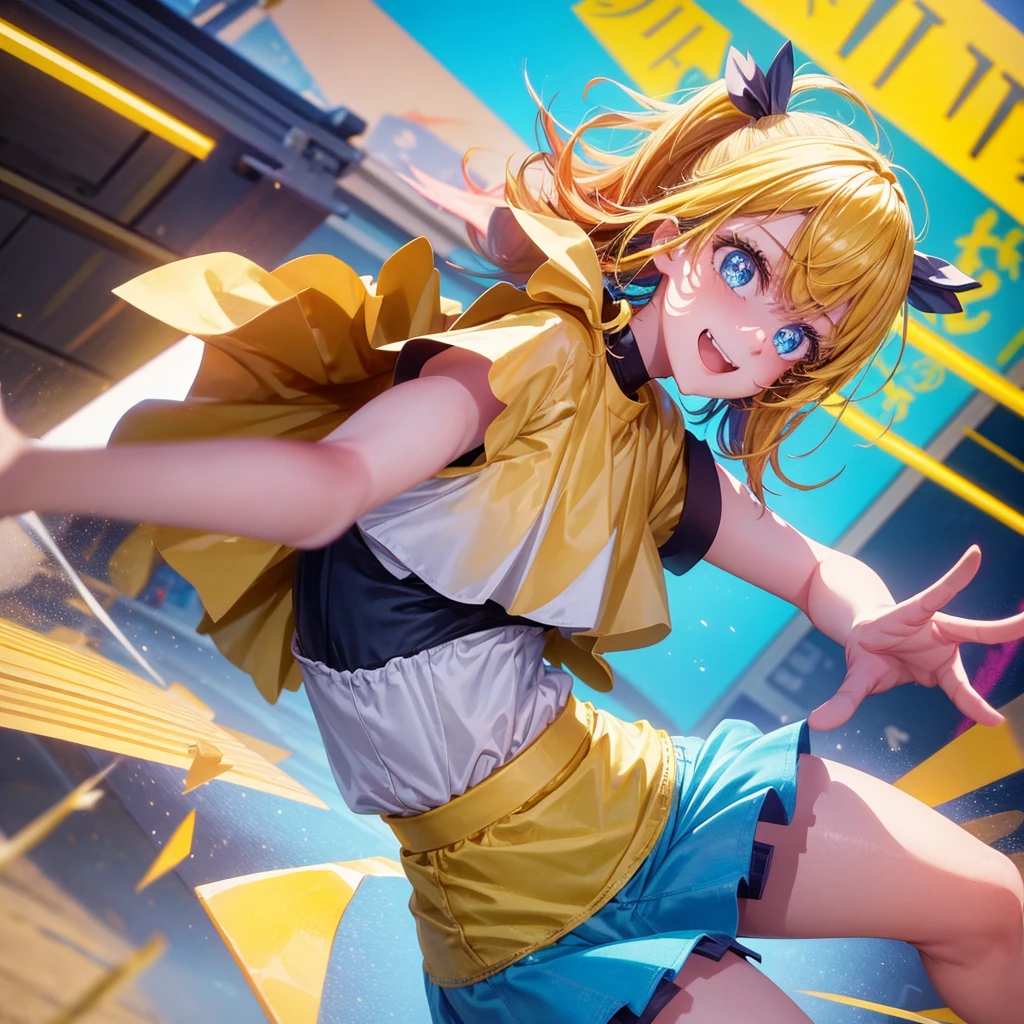 Create an anime-style image of a clumsy and naturally awkward girl with bright yellow hair. She should be wearing a cute, casual yellow outfit, such as a dress or a top with a skirt. Depict her in a moment where she is tripping or stumbling, showing a panicked and embarrassed expression, but also shyly smiling with her teeth showing in an awkward, bashful grin. Her hair is styled in a playful, slightly messy fashion. The background should be lively and fun, with bright colors and dynamic elements that emphasize her clumsiness. Add small, amusing details around her, like scattered items she has knocked over, to enhance the playful and whimsical atmosphere. Ensure that she is the only character in the image, making her the clear focus of the scene. Make sure the overall image is vibrant and engaging, suitable for use as a thumbnail.