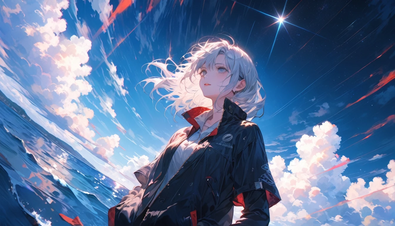 Starry Sky, After the Rain, horizon , In the sky,Lens flare, colorful,Put your hands in your pockets,(Her short silver hair sways, Pale skin, Lack of eye sparkle) Look up at the sky, Beautiful sky, There is an ocean,White Street,The scenery is beautiful, 広いLook up at the sky, I see the wind blowing and shining, In the skyは正午の月と正午の星がある,From below, break ,quality(8k,非常に精細なCGユニットのwallpaper, masterpiece,High resolution,top-quality,top-quality real texture skin,Surreal,Increase the resolution,RAW Photos,最高quality,Very detailed,wallpaper,Cinema Lighting,Ray Tracing,Golden Ratio),Have a long-term perspective
